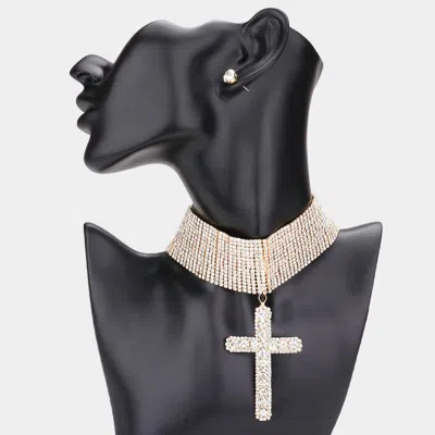 Fashnzfab Bubble Stone Cross Pendant Evening Choker Necklace In Gold