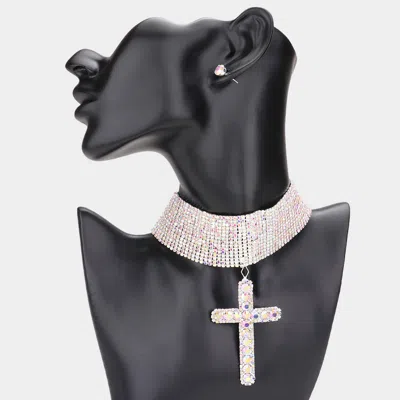 Fashnzfab Bubble Stone Cross Pendant Evening Choker Necklace In Multi
