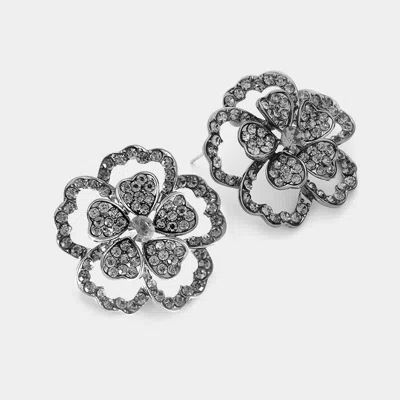 Fashnzfab Bubble Stone Embellished Flower Evening Earrings - Black Diamond In Metallic