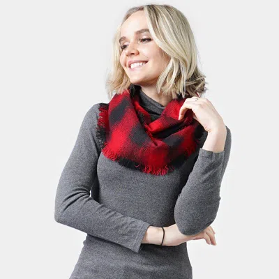 Fashnzfab Buffalo Check Infinity Scarf With Frayed Edge In Red
