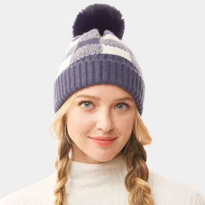 Fashnzfab Buffalo Check Knit Pom Pom Beanie Hat In Blue