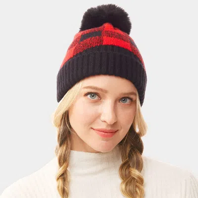 Fashnzfab Buffalo Check Knit Pom Pom Beanie Hat In Red
