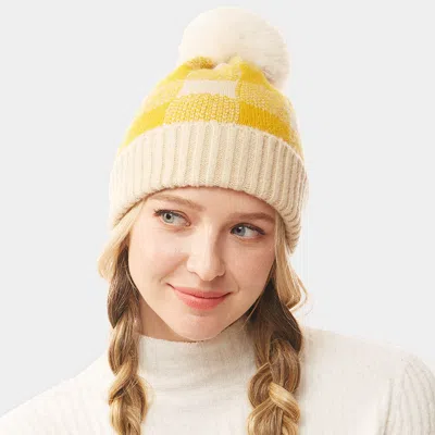 Fashnzfab Buffalo Check Knit Pom Pom Beanie Hat In Yellow