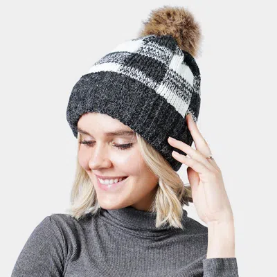 Fashnzfab Buffalo Check Patterned Faux Fur Pom Pom Beanie Hat In Black