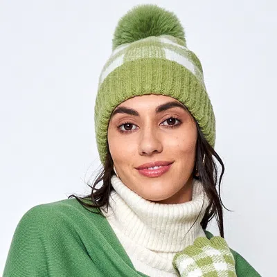 Fashnzfab Buffalo Check Patterned Faux Fur Pom Pom Beanie Hat In Green