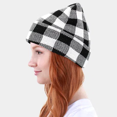 Fashnzfab Buffalo Check Patterned Knit Beanie Hat In White