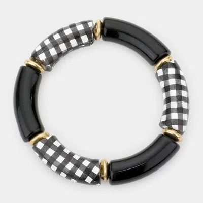 Fashnzfab Buffalo Check Patterned Wood Resin Stretch Bracelet Black
