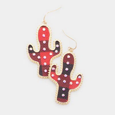Fashnzfab Buffalo Check Plaid Pattern Rhinestone Cactus Earrings In Red