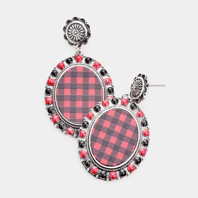 Fashnzfab Buffalo Check Print Colored Polka Dot Trim Metal Oval Dangle Earrings In Multi