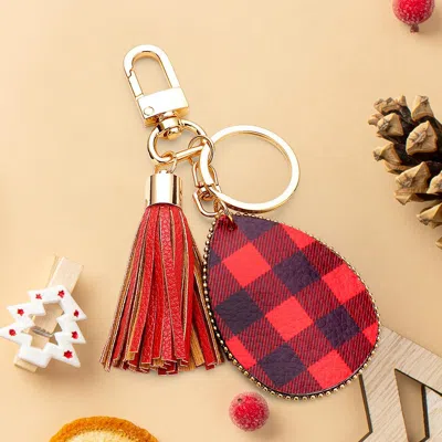Fashnzfab Buffalo Check Print Faux Leather Teardrop Tassel Keychain / Bag Charm In Red