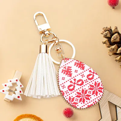 Fashnzfab Buffalo Check Print Faux Leather Teardrop Tassel Keychain / Bag Charm In White