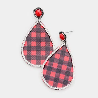 Fashnzfab Buffalo Check Print Rhinestone Trim Metal Teardrop Earrings In Multi