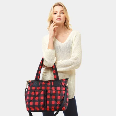 Fashnzfab Buffalo Check Puffer Tote Bag In Red