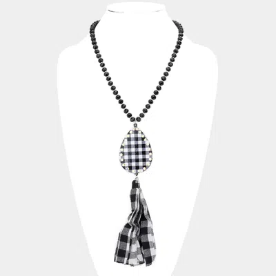 Fashnzfab Buffalo Plaid Teardrop Metal Fabric Tassel Dangle Pendant Long Necklace In Metallic
