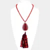 Fashnzfab Buffalo Plaid Teardrop Metal Fabric Tassel Dangle Pendant Long Necklace In Red
