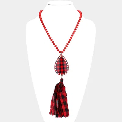 Fashnzfab Buffalo Plaid Teardrop Metal Fabric Tassel Dangle Pendant Long Necklace In Red
