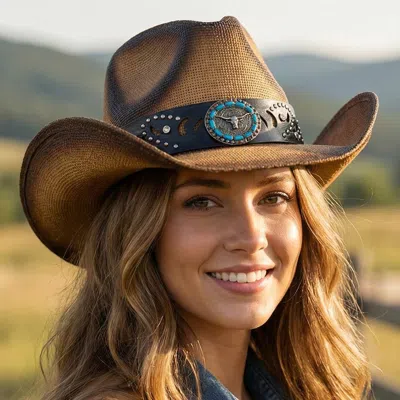 Fashnzfab Bull Head Concho Band Vintage Western Straw Cowboy Hat In Brown