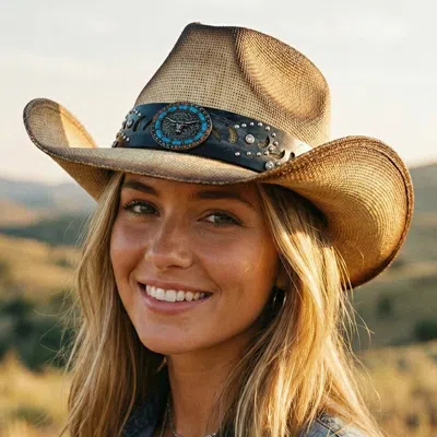 Fashnzfab Bull Head Concho Band Vintage Western Straw Cowboy Hat In Transparent