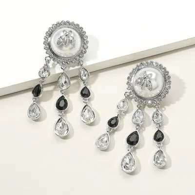 Fashnzfab Bumble Bee Pearl Accented Teardrop Stone Cluster Drop Down Earrings In Silver