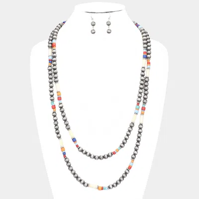 Fashnzfab Burnished Metal Ball Wood Beaded Long Necklace In Gray