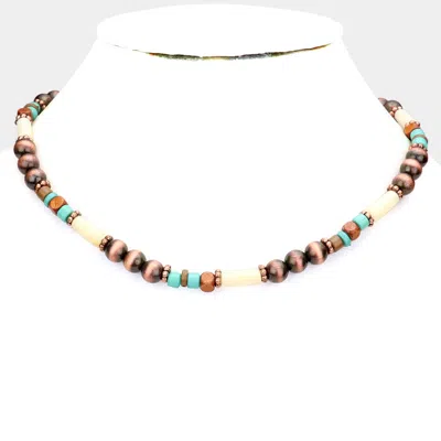Fashnzfab Burnished Metal Ball Wood Beaded Necklace In Multi