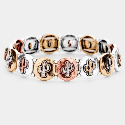 Fashnzfab Burnished Metal Cactus Stretch Bracelet Three Tone In Multi