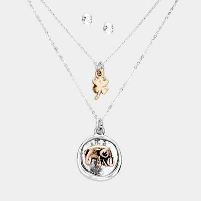Fashnzfab Burnished Metal Elephant Clover Pendant Layered Necklace In Metallic