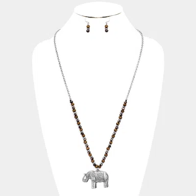 Fashnzfab Burnished Metal Elephant Pendant Beaded Long Necklace In Multi