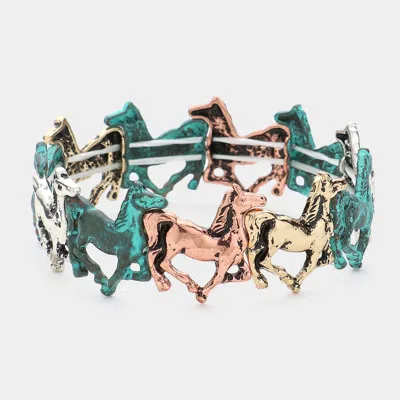 Fashnzfab Burnished Metal Horse Link Stretch Bracelet In Green