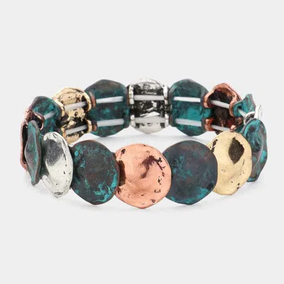Fashnzfab Burnished Textured Metal Disc Link Stretch Bracelet Patina Verdigris In Multi
