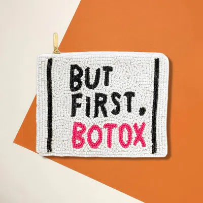 Fashnzfab But First Botox Message Seed Beaded Mini Pouch Bag In White