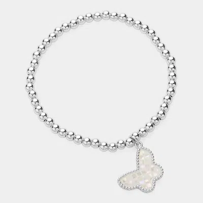 Fashnzfab Butterfly Charm Pointed Stainless Steel Ball Beaded Bracelet Silver, White In Multi