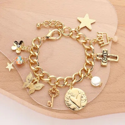 Fashnzfab Butterfly Cross Key Flower Star Charm Embellished Chain Bracelet Gold, Multi