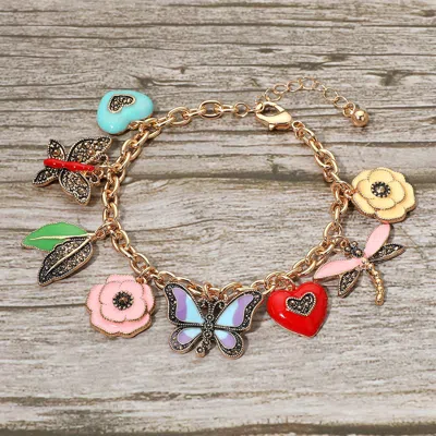 Fashnzfab Butterfly Dragonfly Heart Flower Leaves Charm Station Bracelet In Multi