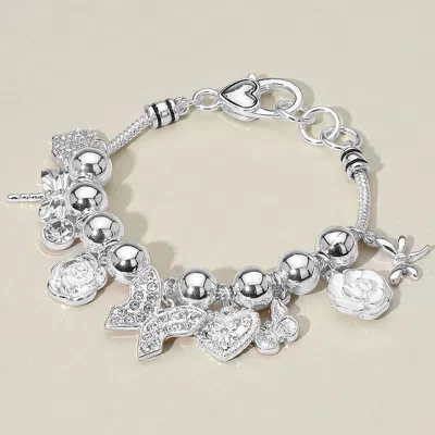 Fashnzfab Butterfly Dragonfly Heart Pearl Charm Beaded Bracelet Silver