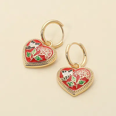 Fashnzfab Butterfly Flower Enamel Detailed Heart Dangle Earrings In Red