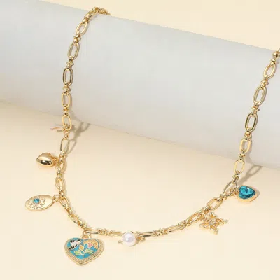 Fashnzfab Butterfly Flower Enamel Detailed Heart Pendant Charm Station Necklace In Blue