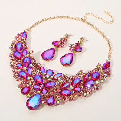 Fashnzfab Butterfly Glass Stone Cluster Pointed Teardrop Stone Cluster Evening Necklace In Blue