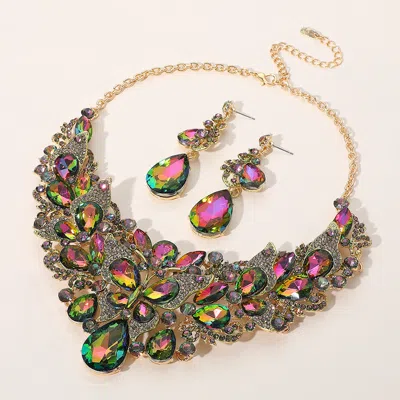 Fashnzfab Butterfly Glass Stone Cluster Pointed Teardrop Stone Cluster Evening Necklace In Green