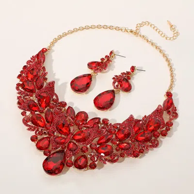 Fashnzfab Butterfly Glass Stone Cluster Pointed Teardrop Stone Cluster Evening Necklace In Red