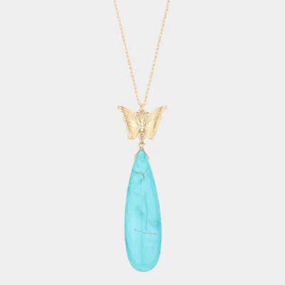Fashnzfab Butterfly Natural Stone Teardrop Link Pendant Long Necklace In Blue