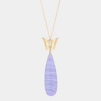 Fashnzfab Butterfly Natural Stone Teardrop Link Pendant Long Necklace In Blue