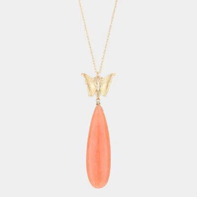 Fashnzfab Butterfly Natural Stone Teardrop Link Pendant Long Necklace In Gold