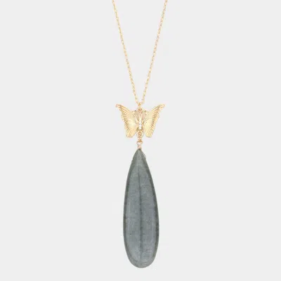 Fashnzfab Butterfly Natural Stone Teardrop Link Pendant Long Necklace In Gray