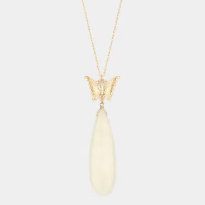 Fashnzfab Butterfly Natural Stone Teardrop Link Pendant Long Necklace In Gold