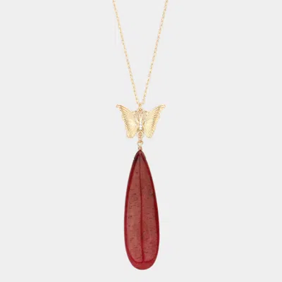 Fashnzfab Butterfly Natural Stone Teardrop Link Pendant Long Necklace In Gold