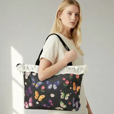 Fashnzfab Butterfly Pattern Print Large Woven Frayed Shoulder Tote Bag In Black