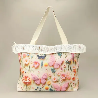Fashnzfab Butterfly Pattern Print Large Woven Frayed Shoulder Tote Bag In Multi