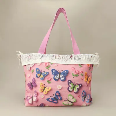 Fashnzfab Butterfly Pattern Print Large Woven Frayed Shoulder Tote Bag In Pink