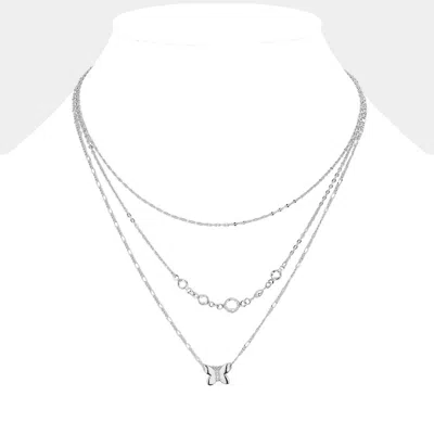 Fashnzfab Butterfly Pointed Triple Layered Necklace In Silver